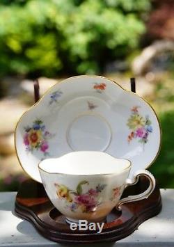 Meissen Demitasse Quatrefoil Cup & Saucer Set Flowers with Insects, Gold Trim