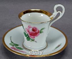 Meissen Hand Painted Pink Rose & Gold Snake Handle Demitasse Cup & Saucer