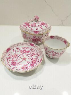 Meissen Indian Pink Oriental Flowers Amethyst Sugar Bowl, Demitasse Cup & Saucer