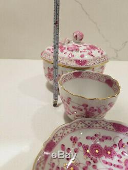 Meissen Indian Pink Oriental Flowers Amethyst Sugar Bowl, Demitasse Cup & Saucer