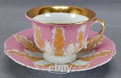 Meissen Pompadour Pink & Gold Biedermeier Molded Leaves Demitasse Cup & Saucer