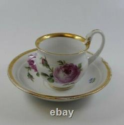 Meissen Rose Wild Flowers Wide Gold Trim Swan Handle Demitasse Cup Saucer