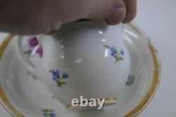 Meissen Rose Wild Flowers Wide Gold Trim Swan Handle Demitasse Cup Saucer