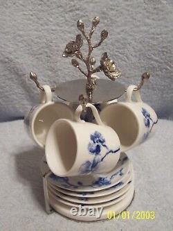 Michael Aram Blue Orchid Demitasse 4 Cups 4 Saucers & Stand New No Box