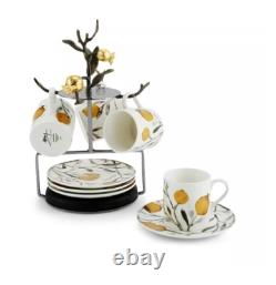 Michael Aram Pomegranate Demitasse 4 Cups & 4 Saucers Set with Stand-NEW
