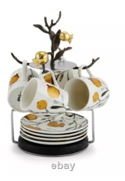 Michael Aram Pomegranate Demitasse 4 Cups & 4 Saucers Set with Stand-NEW
