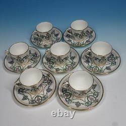 Minton China H2581 Pink Flowers, Blue Green Leaf 7 Demitasse Cups and Saucers