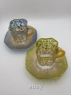 Moser Art Glass Demitasse Cups Saucers Set 2 Gilt Enamel c. 1885-1900