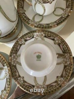 NIPPON Hand Painted White Porcelain Tea SET-Teapot 6 Demitasse Cups/Saucers