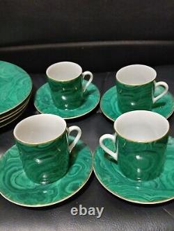 Neiman Marcus Malachite Demitasse Espresso 4 Coffee Cup & Saucer 4 Desert Plate