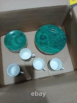 Neiman Marcus Malachite Demitasse Espresso 4 Coffee Cup & Saucer 4 Desert Plate