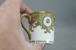Nippon Hand Painted Pink Roses Turquoise & Gold Beaded Demitasse Cup & Saucer