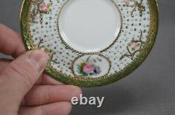 Nippon Hand Painted Pink Roses Turquoise & Gold Beaded Demitasse Cup & Saucer