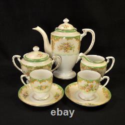 Noritake Tray Teapot Creamer Sugar 2 Cups & Saucers Floral Green Gold 1918-1931