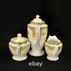 Noritake Tray Teapot Creamer Sugar 2 Cups & Saucers Floral Green Gold 1918-1931