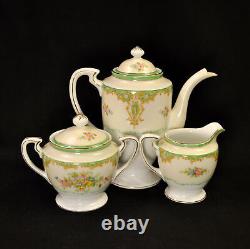 Noritake Tray Teapot Creamer Sugar 2 Cups & Saucers Floral Green Gold 1918-1931