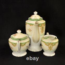 Noritake Tray Teapot Creamer Sugar 2 Cups & Saucers Floral Green Gold 1918-1931