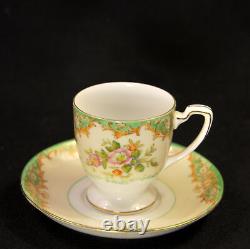 Noritake Tray Teapot Creamer Sugar 2 Cups & Saucers Floral Green Gold 1918-1931