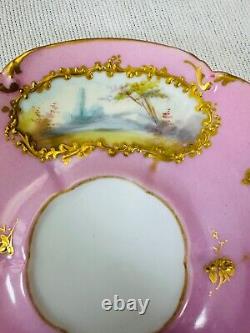 OLD PARIS Tea Cup & Saucer Painted Victorian Pink & Gold Scene Demitasse