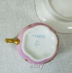 OLD PARIS Tea Cup & Saucer Painted Victorian Pink & Gold Scene Demitasse