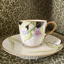 Old Abbey Limoges Orchid Floral Demitasse Cup and Saucer Antique Hand Painted