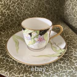 Old Abbey Limoges Orchid Floral Demitasse Cup and Saucer Antique Hand Painted