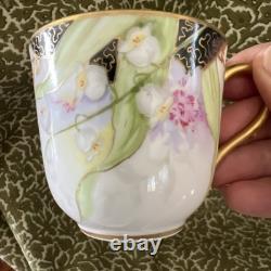 Old Abbey Limoges Orchid Floral Demitasse Cup and Saucer Antique Hand Painted