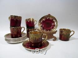 Old Crown Devon Fieldings Flambe Red Gold Interior 6 Demitasse Cups & Saucers