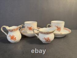 PAIR Herend Chinese Bouquet Rust Demitasse Cups & Saucers with2 Creamers Perfect