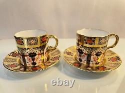 PAIR Royal Crown Derby Solid Gold Band Old Imari Demitasse Cups & Suacers