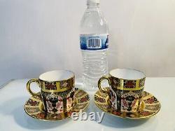 PAIR Royal Crown Derby Solid Gold Band Old Imari Demitasse Cups & Suacers