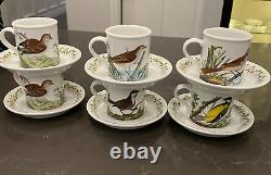 PORTMEIRION BIRDS OF BRITAIN 6 DEMITASSE COFFEE CUPS & SAUCERS with FERN BORDER