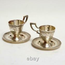 Pair (2) Vintage Mauser For Brand-hier, Chased Sterling Demitasse Cups & Saucers