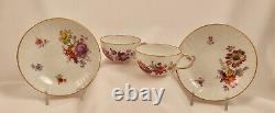 Pair Antique KPM Berlin Demitasse Cups & Saucers, Hand Painted Flowers