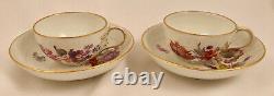 Pair Antique KPM Berlin Demitasse Cups & Saucers, Hand Painted Flowers