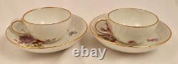 Pair Antique KPM Berlin Demitasse Cups & Saucers, Hand Painted Flowers