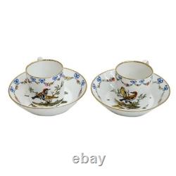 Pair Meissen Marcolini German Porcelain Demitasse Cup & Saucers Ornithological