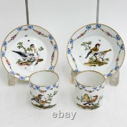 Pair Meissen Marcolini German Porcelain Demitasse Cup & Saucers Ornithological