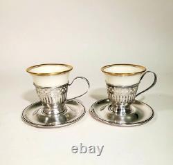 Pair SSMC Sterling Reticulated Demitasse Cups Saucers Lenox China Monogram S