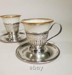 Pair SSMC Sterling Reticulated Demitasse Cups Saucers Lenox China Monogram S