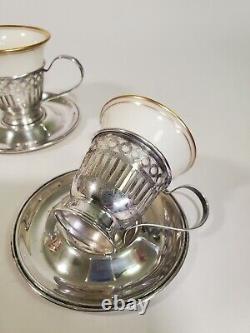 Pair SSMC Sterling Reticulated Demitasse Cups Saucers Lenox China Monogram S