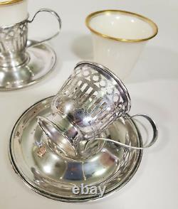 Pair SSMC Sterling Reticulated Demitasse Cups Saucers Lenox China Monogram S