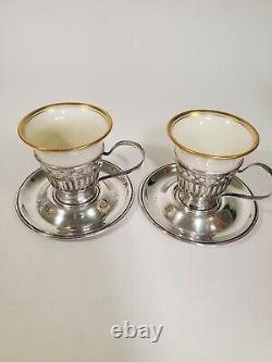 Pair SSMC Sterling Reticulated Demitasse Cups Saucers Lenox China Monogram S