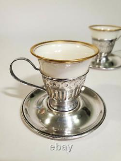 Pair SSMC Sterling Reticulated Demitasse Cups Saucers Lenox China Monogram S