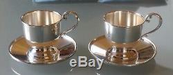 Pair of Cartier Sterling 601 Demitasse Cups & Saucers with 4 Cartier Bags