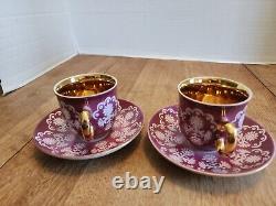 Pair of Vintage Bohemian Demitasse Cups and Saucers Purple and White withGold Trim