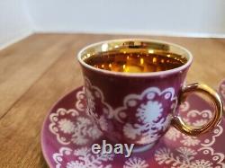 Pair of Vintage Bohemian Demitasse Cups and Saucers Purple and White withGold Trim
