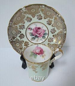 Paragon Bone China Cabbage Rose Pale Green Filigree Demitasse Cup & SaucerRARE