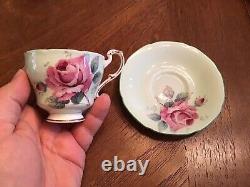 Paragon Demitasse Cup Saucer Green Pink Cabbage Rose Gold Tone Double Warrant
