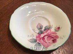 Paragon Demitasse Cup Saucer Green Pink Cabbage Rose Gold Tone Double Warrant